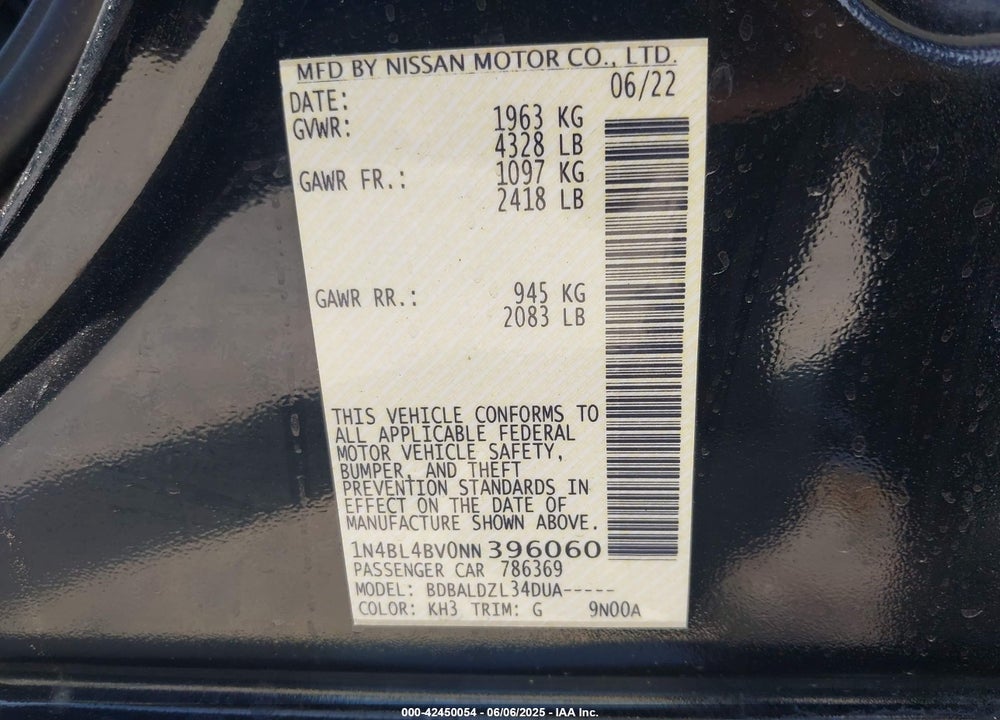 2022 NISSAN ALTIMA VIN: 1N4BL4BV0NN396060