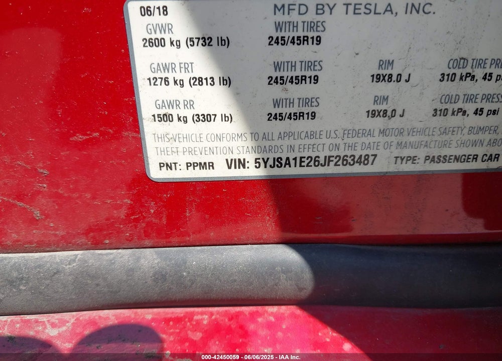 2018 TESLA MODEL S VIN: 5YJSA1E26JF263487