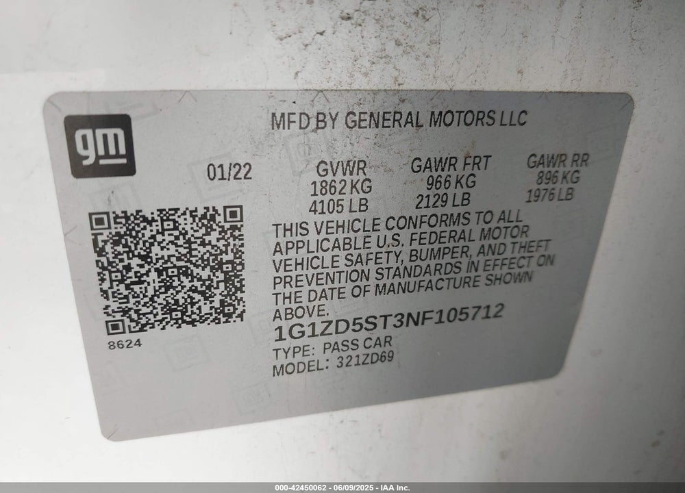 2022 CHEVROLET MALIBU VIN: 1G1ZD5ST3NF105712