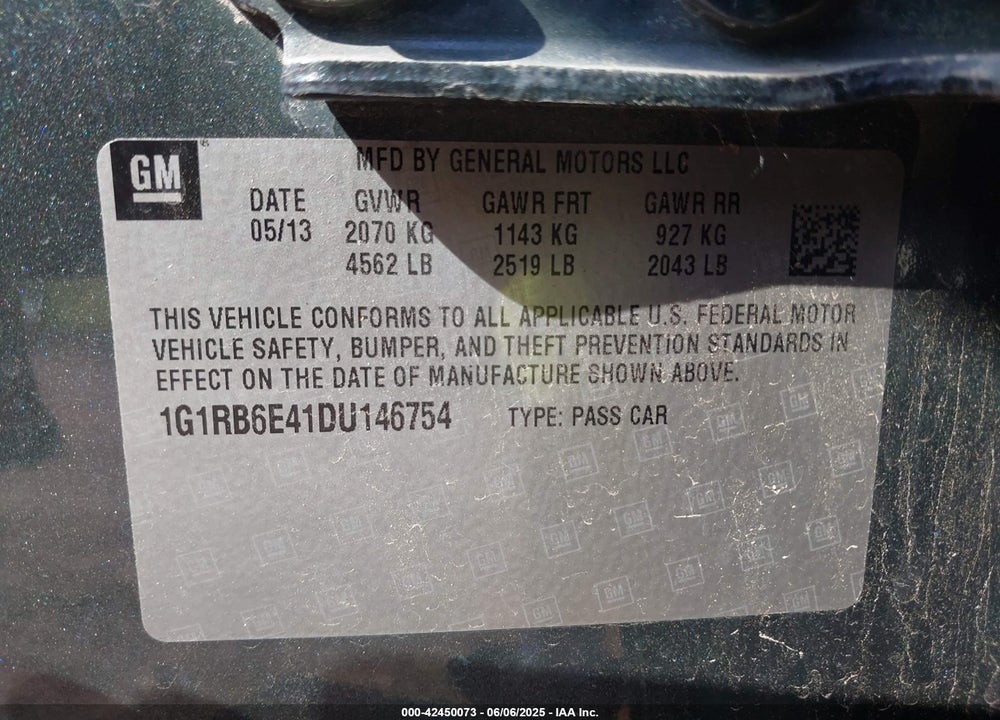 2013 CHEVROLET VOLT VIN: 1G1RB6E41DU146754