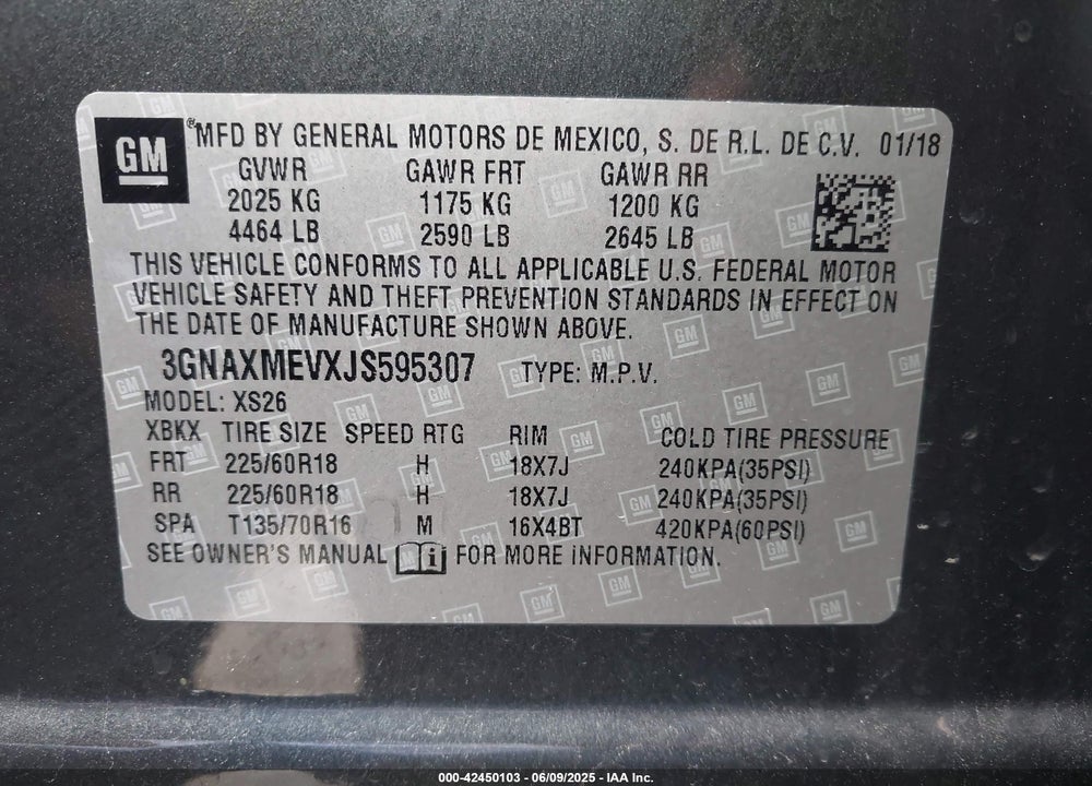 2018 CHEVROLET EQUINOX VIN: 3GNAXMEVXJS595307