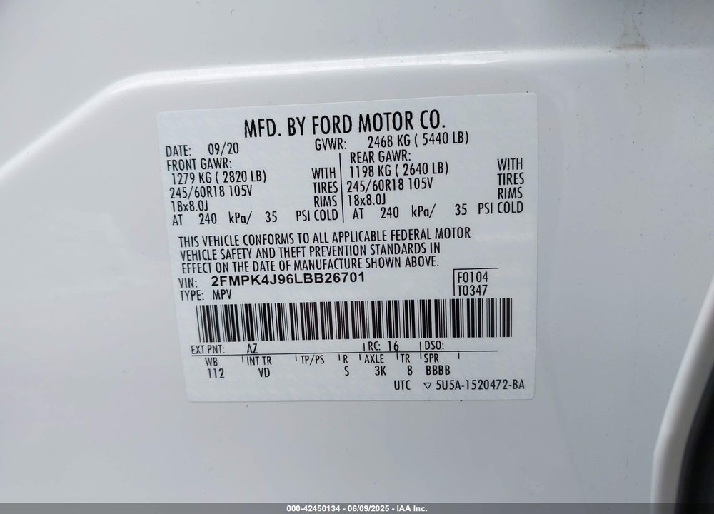 2020 FORD EDGE SEL VIN: 2FMPK4J96LBB26701