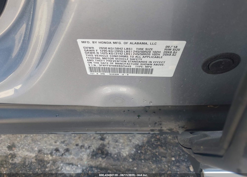 2019 HONDA PILOT VIN: 5FNYF6H08KB025449