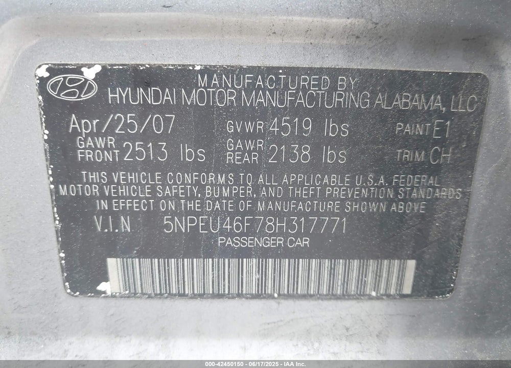 2008 HYUNDAI SONATA LIMITED V6/SE V6 VIN: 5NPEU46F78H317771