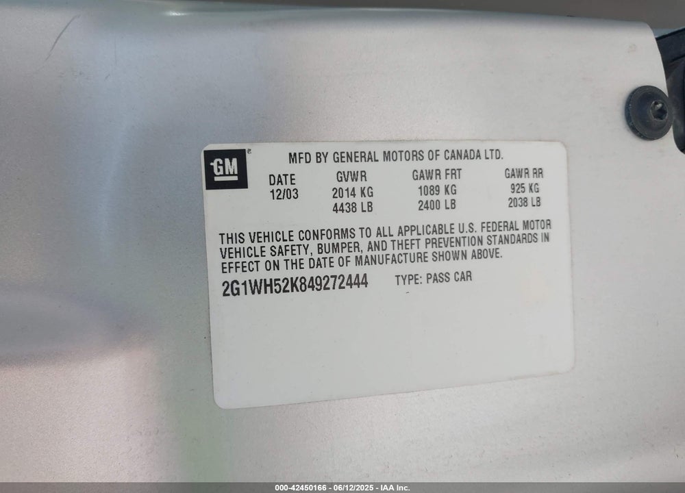 2004 CHEVROLET IMPALA LS VIN: 2G1WH52K849272444