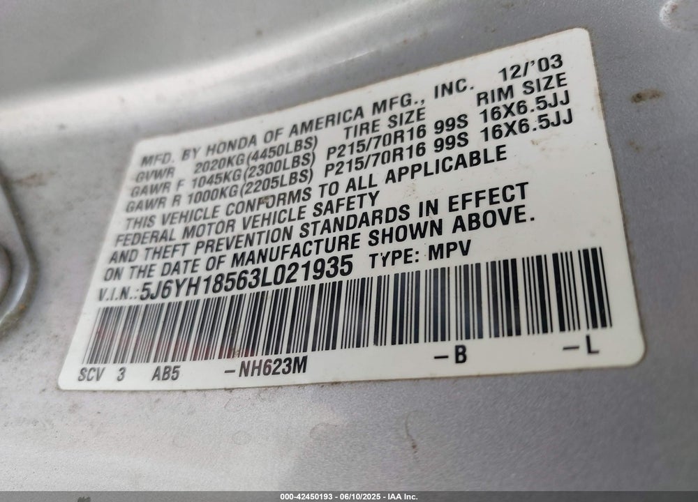 2003 HONDA ELEMENT EX VIN: 5J6YH18563L021935