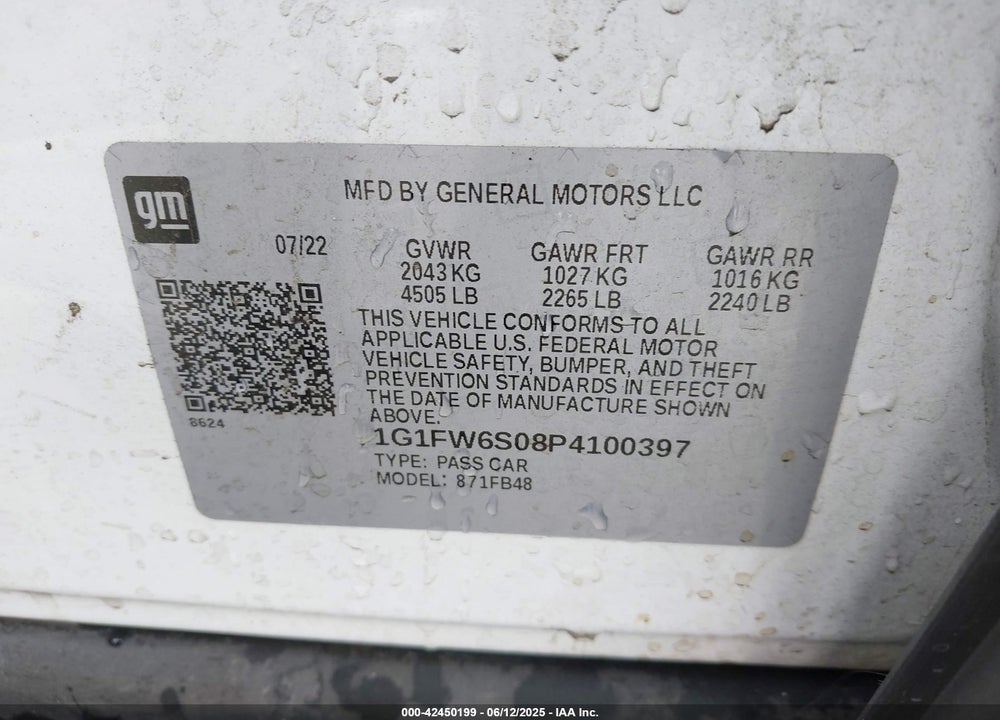 2023 CHEVROLET BOLT EV FWD 1LT VIN: 1G1FW6S08P4100397