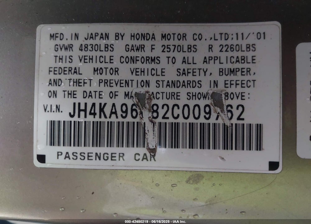 2002 ACURA RL 3.5 VIN: JH4KA96682C009762