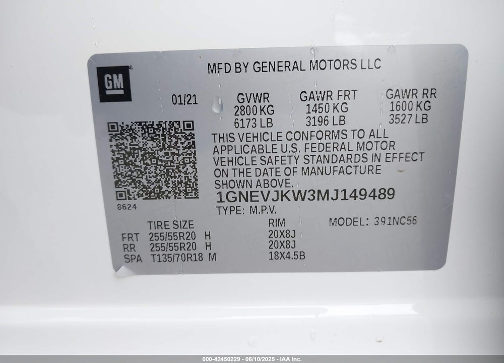 2021 CHEVROLET TRAVERSE VIN: 1GNEVJKW3MJ149489