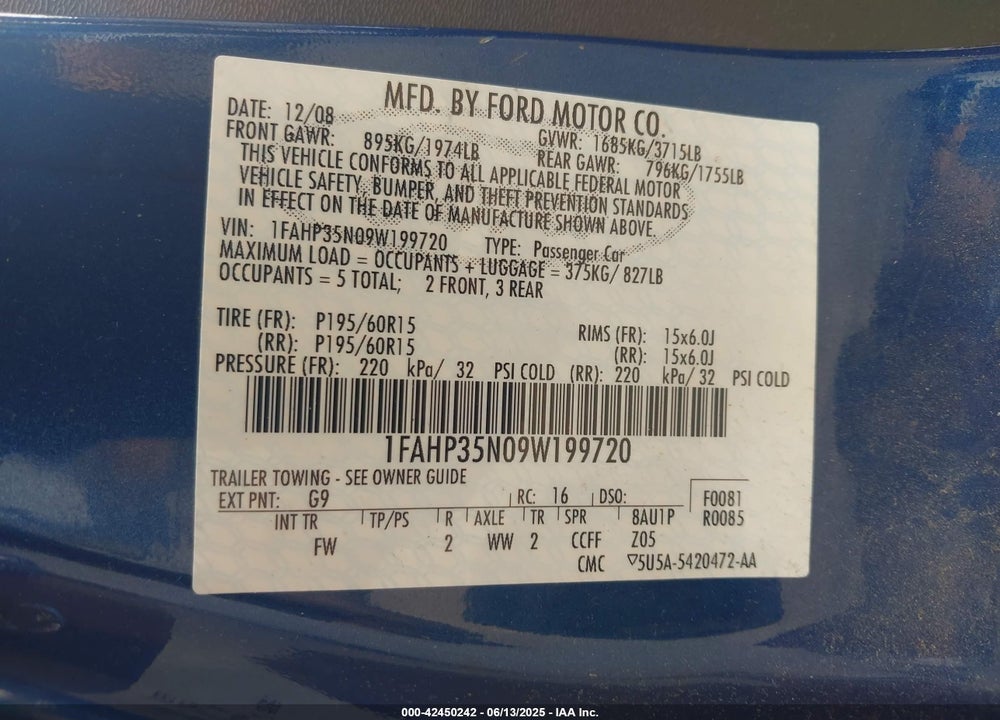 2009 FORD FOCUS VIN: 1FAHP35N09W199720