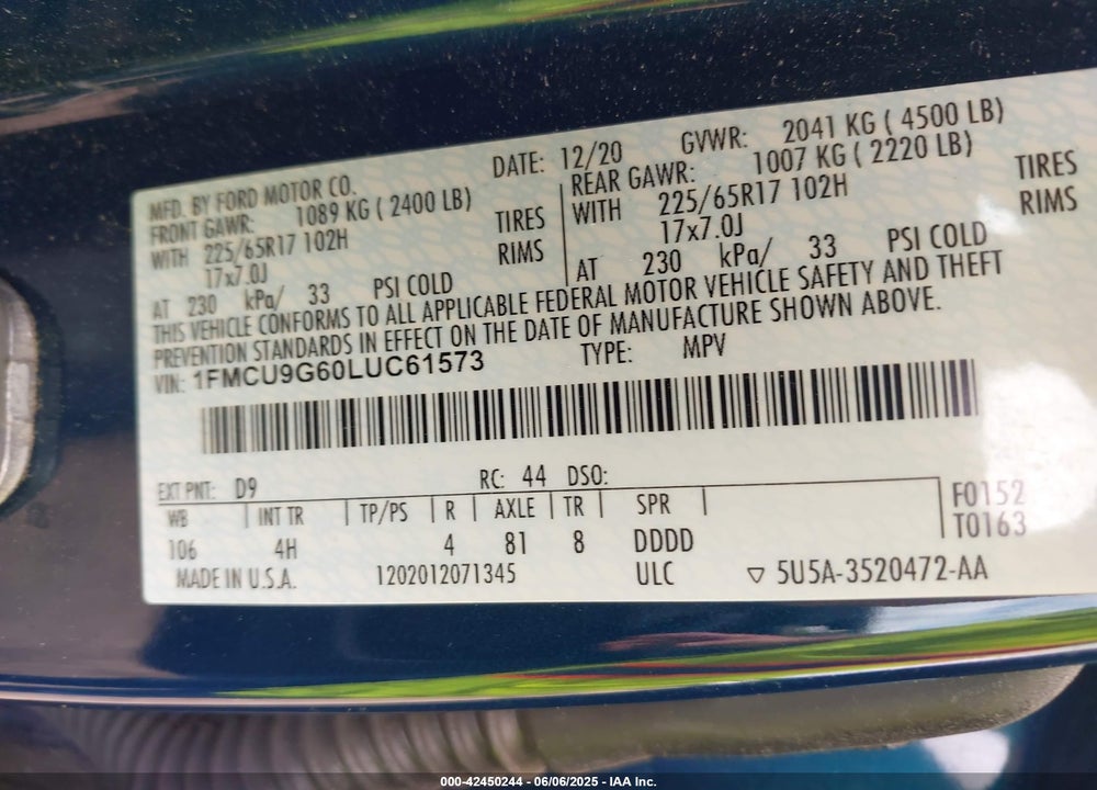 2020 FORD ESCAPE VIN: 1FMCU9G60LUC61573