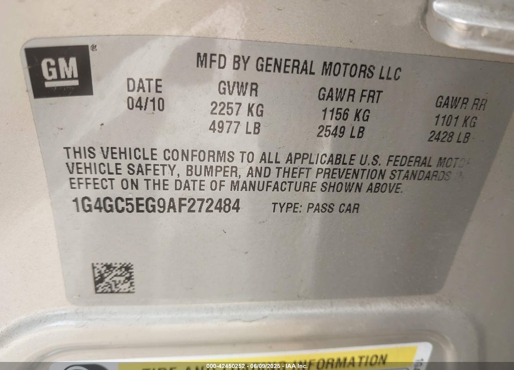 2010 BUICK LACROSSE CXL VIN: 1G4GC5EG9AF272484