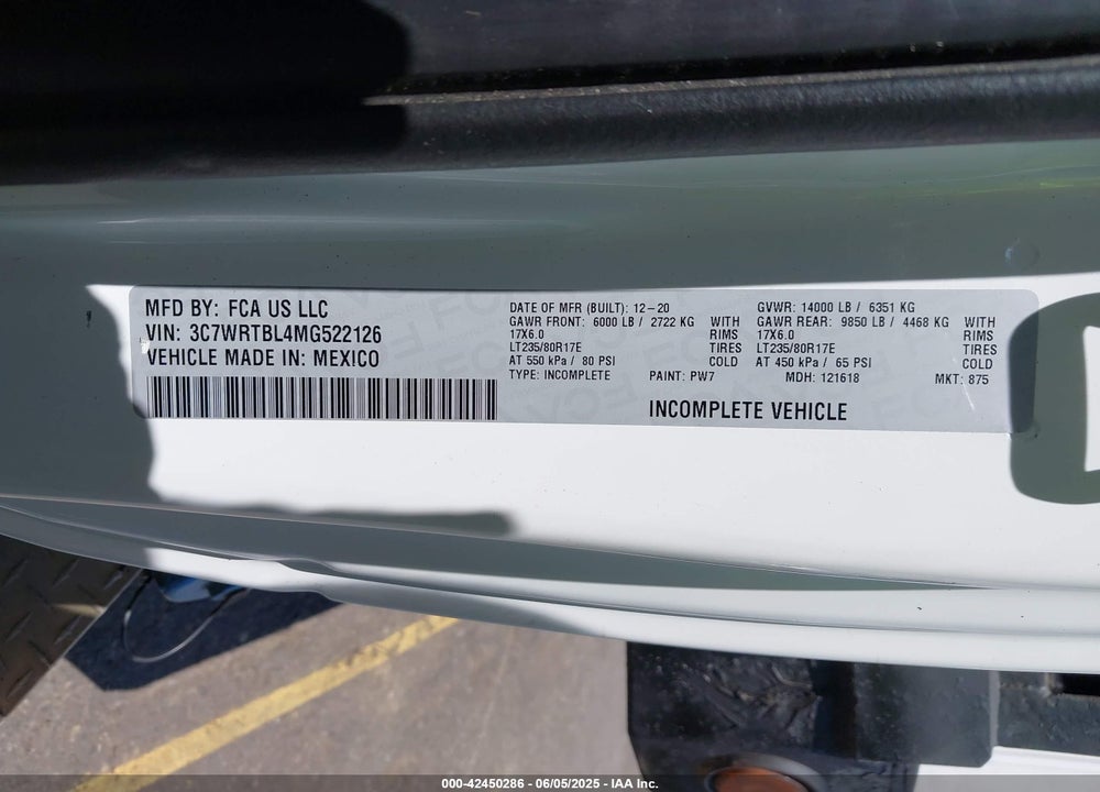 2021 RAM 3500 CHASSIS TRADESMAN/SLT VIN: 3C7WRTBL4MG522126