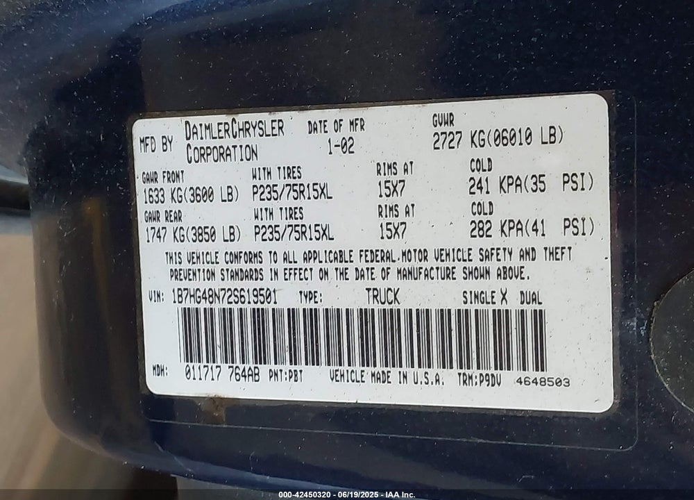 2002 DODGE DAKOTA SLT VIN: 1B7HG48N72S619501