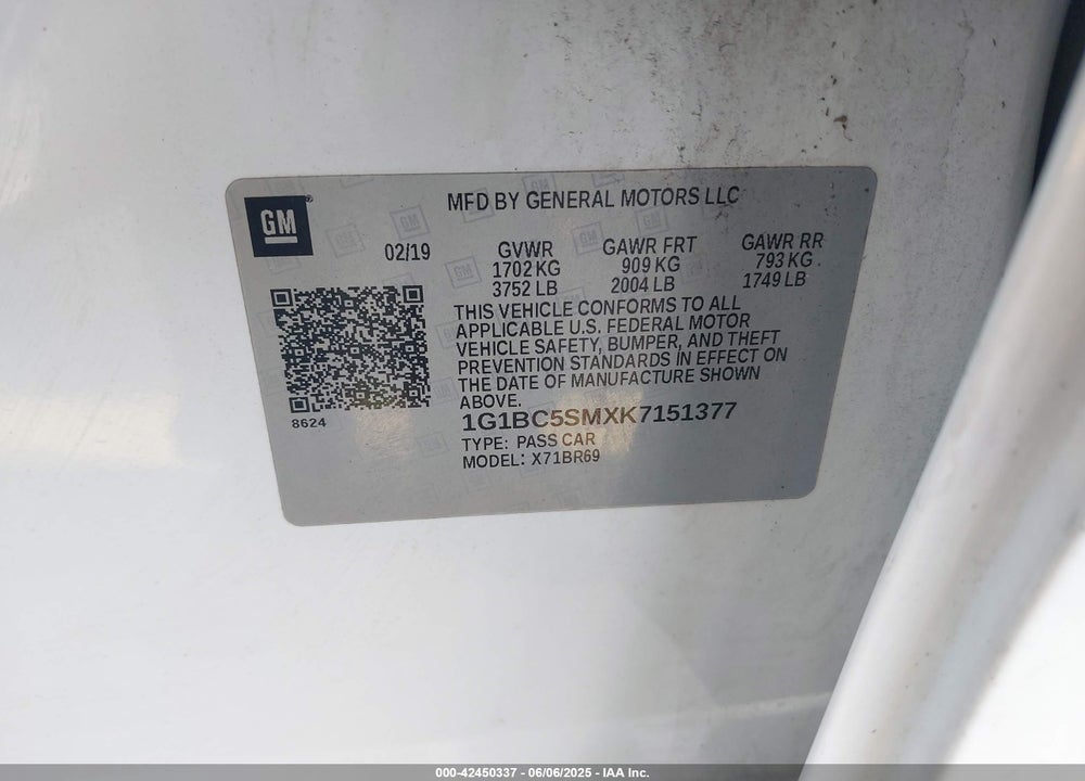 2019 CHEVROLET CRUZE VIN: 1G1BC5SMXK7151377