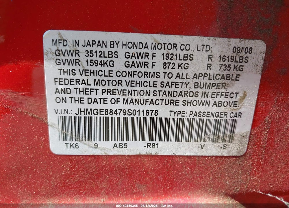 2009 HONDA FIT VIN: JHMGE88479S011678