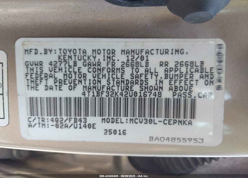 2002 TOYOTA CAMRY LE V6 VIN: 4T1BF32K42U016748