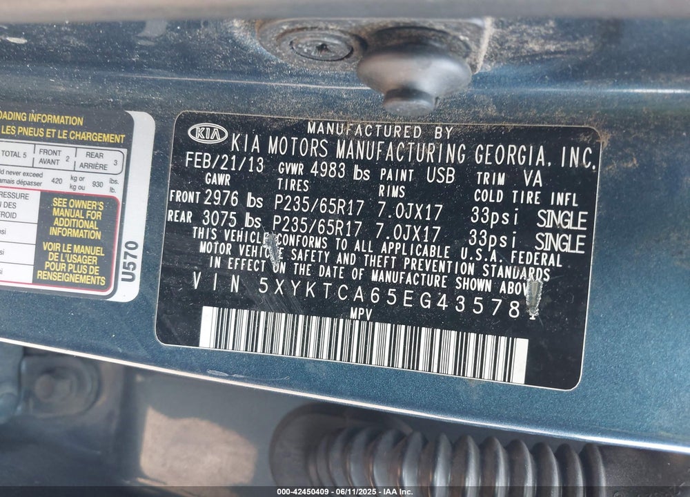 2014 KIA SORENTO VIN: 5XYKTCA65EG435781