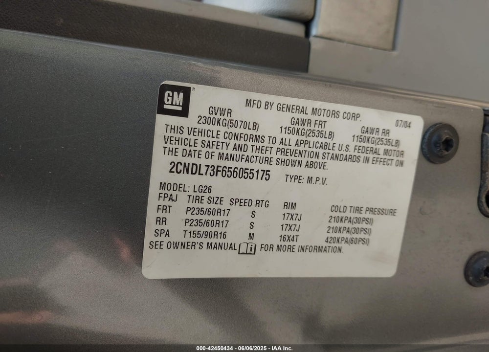 2005 CHEVROLET EQUINOX LT VIN: 2CNDL73F656055175