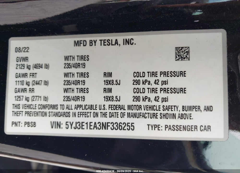 2022 TESLA MODEL 3 VIN: 5YJ3E1EA3NF336255