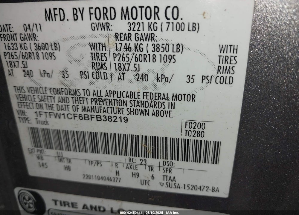 2011 FORD F-150 VIN: 1FTFW1CF6BFB38219