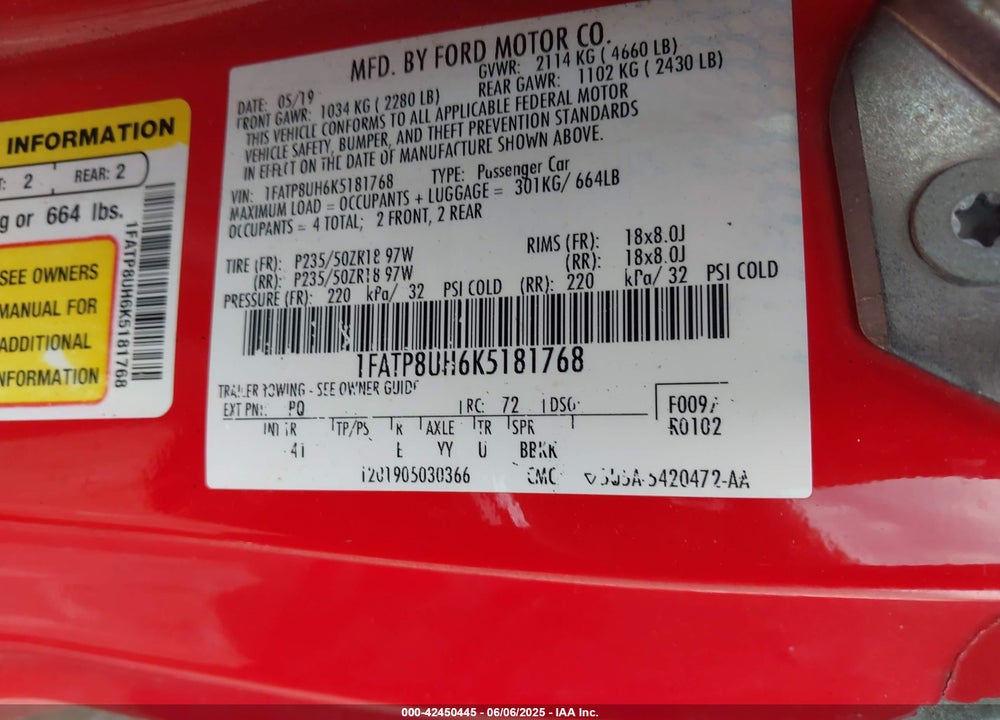 2019 FORD MUSTANG VIN: 1FATP8UH6K5181768