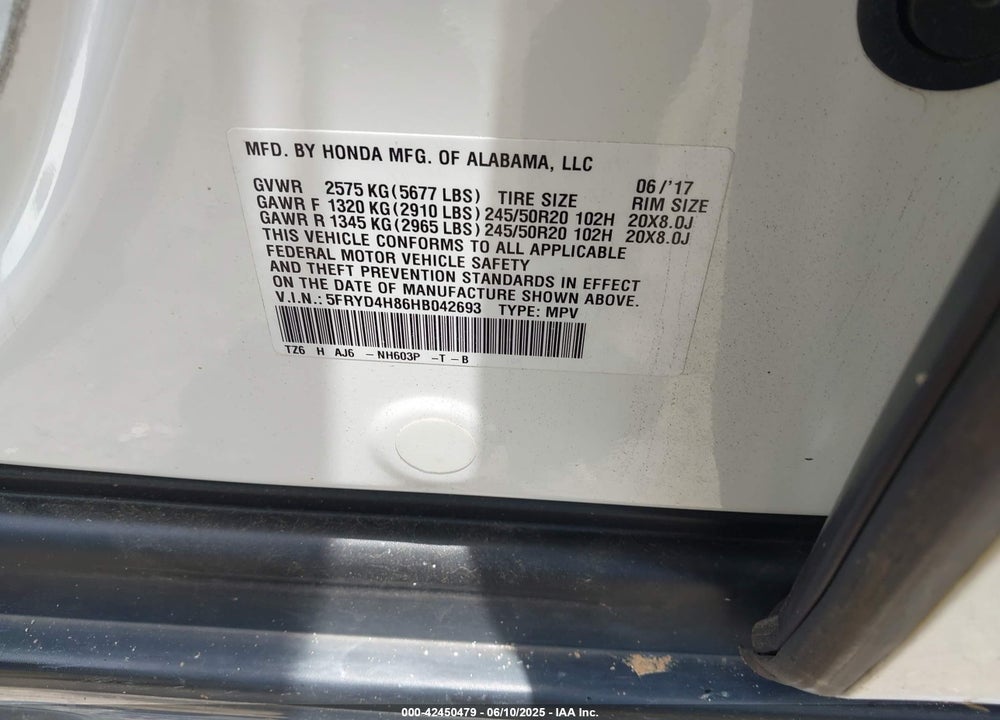 2017 ACURA MDX VIN: 5FRYD4H86HB042693