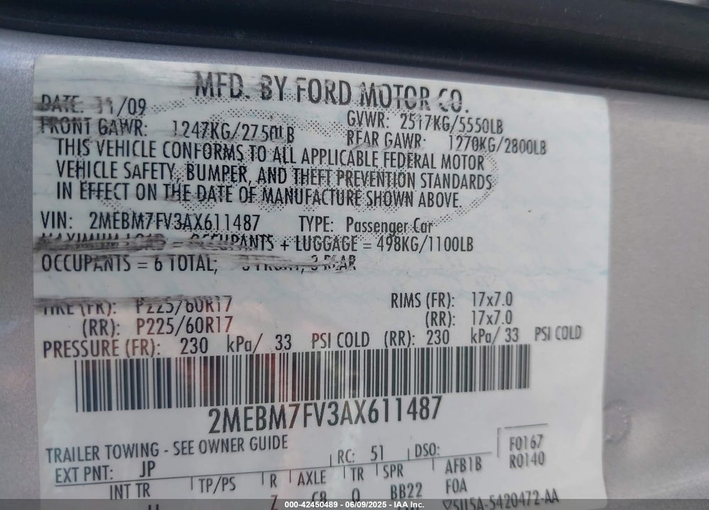 2010 MERCURY GRAND MARQUIS VIN: 2MEBM7FV3AX611487