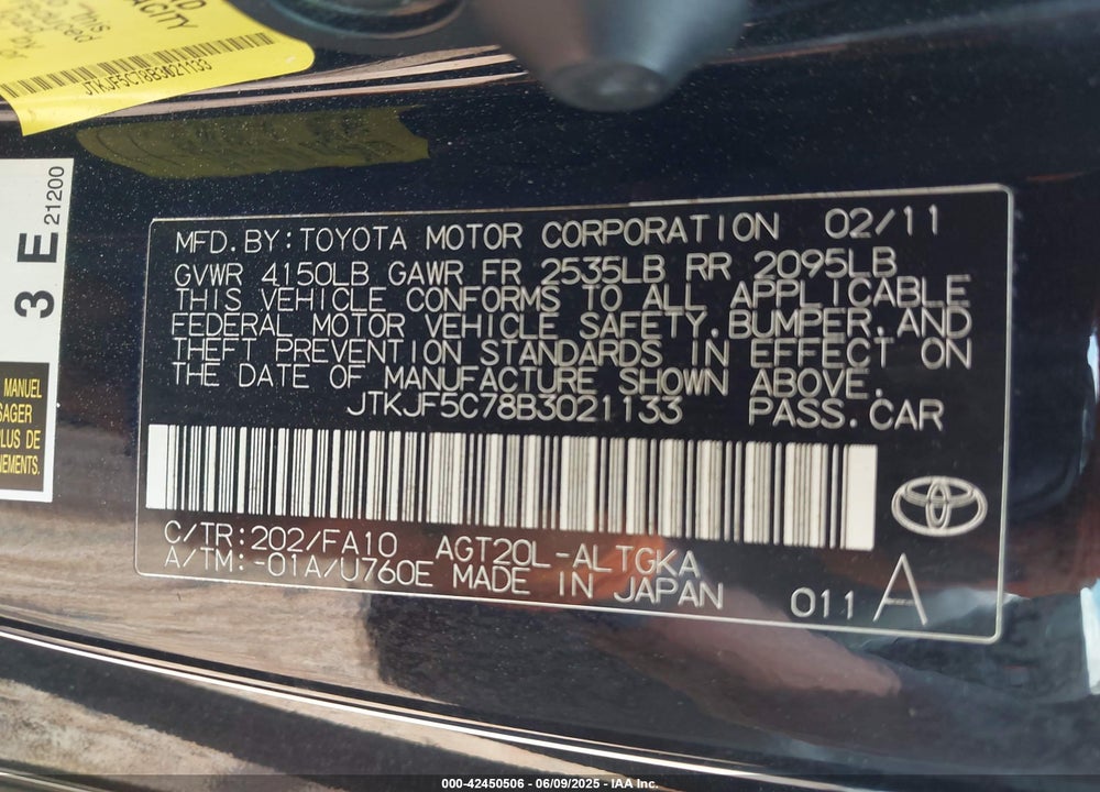2011 SCION TC VIN: JTKJF5C78B3021133