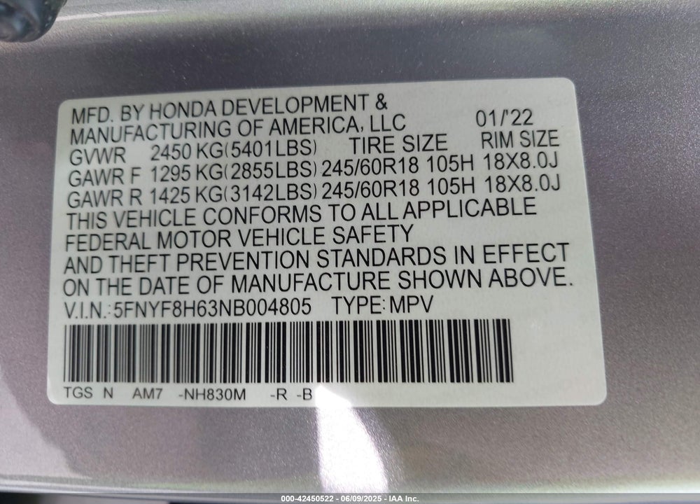 2022 HONDA PASSPORT VIN: 5FNYF8H63NB004805