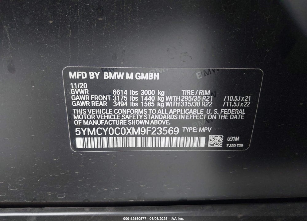 2021 BMW X6 M VIN: 5YMCY0C0XM9F23569