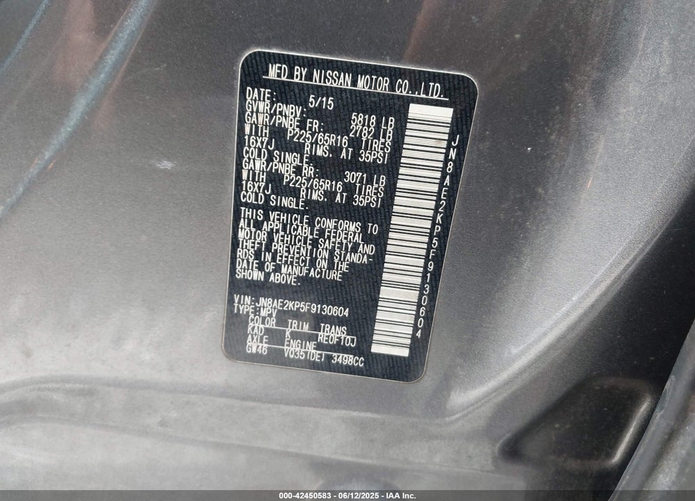 2015 NISSAN QUEST SV VIN: JN8AE2KP5F9130604