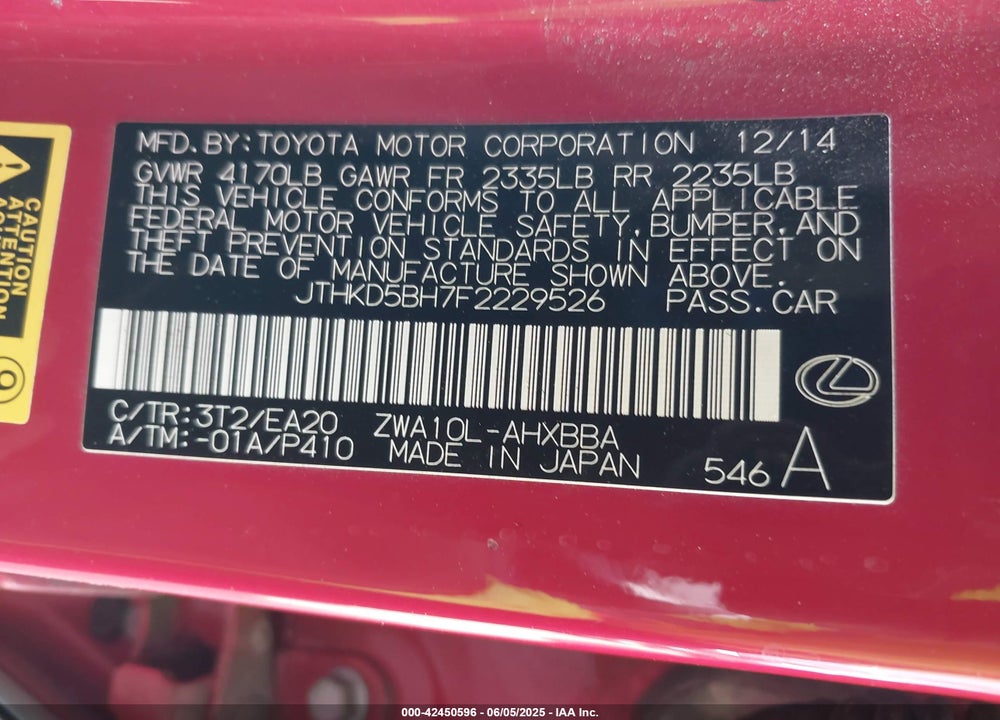 2015 LEXUS CT 200H VIN: JTHKD5BH7F2229526