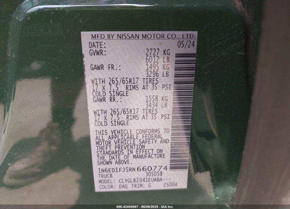 2024 NISSAN FRONTIER VIN: 1N6ED1FJ5RN660774