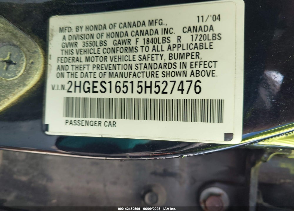 2005 HONDA CIVIC LX VIN: 2HGES16515H527476