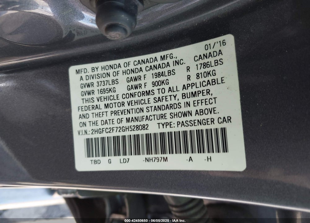 2016 HONDA CIVIC EX VIN: 2HGFC2F72GH528082