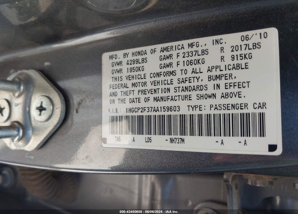 2010 HONDA ACCORD VIN: 1HGCP2F37AA159603