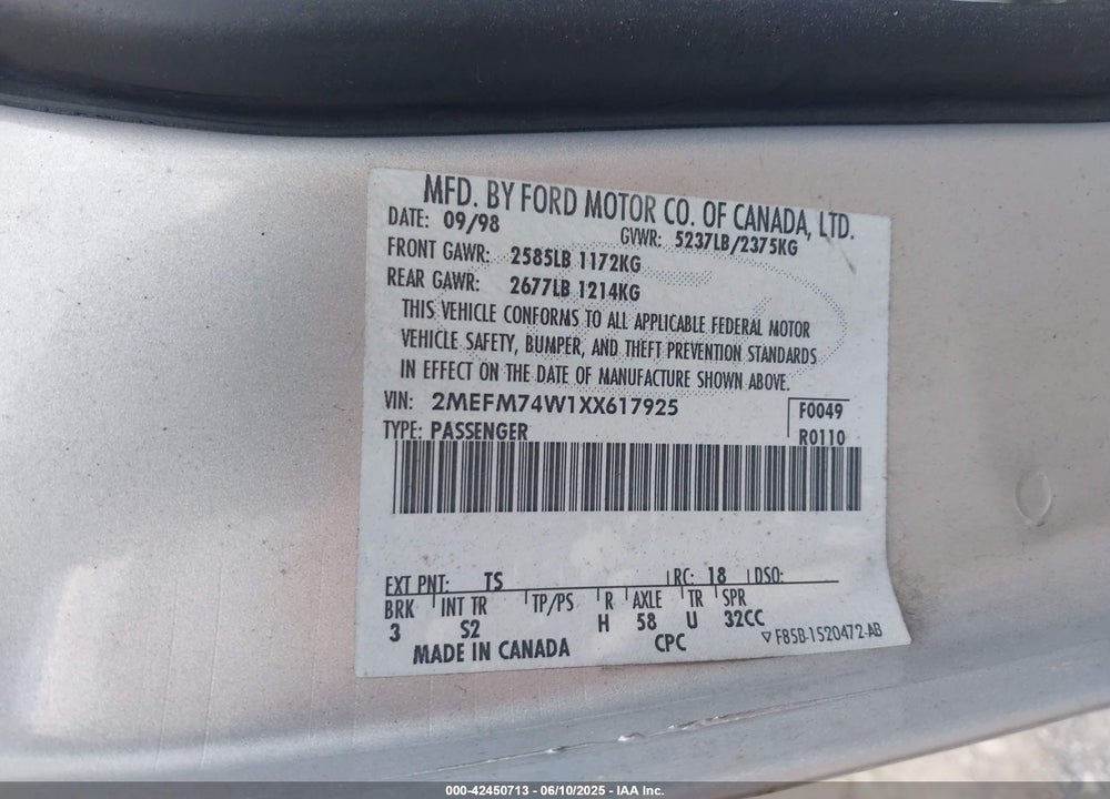 1999 MERCURY GRAND MARQUIS GS VIN: 2MEFM74W1XX617925