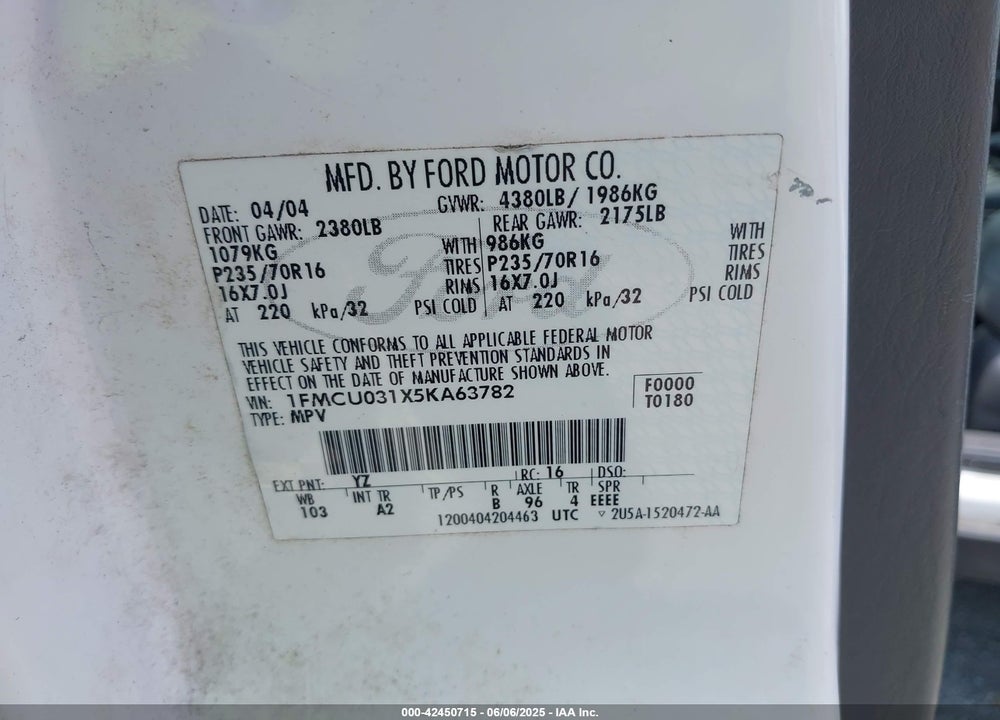 2005 FORD ESCAPE VIN: 1FMCU031X5KA63782