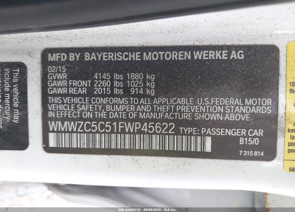2015 MINI COUNTRYMAN COOPER S VIN: WMWZC5C51FWP45622