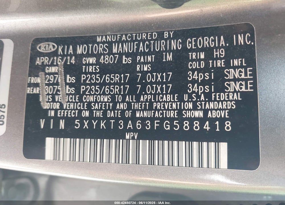 2015 KIA SORENTO VIN: 5XYKT3A63FG588418