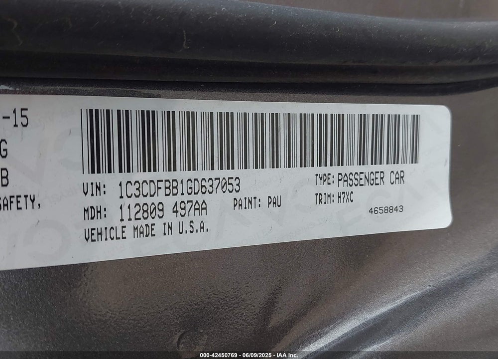 2016 DODGE DART VIN: 1C3CDFBB1GD637053