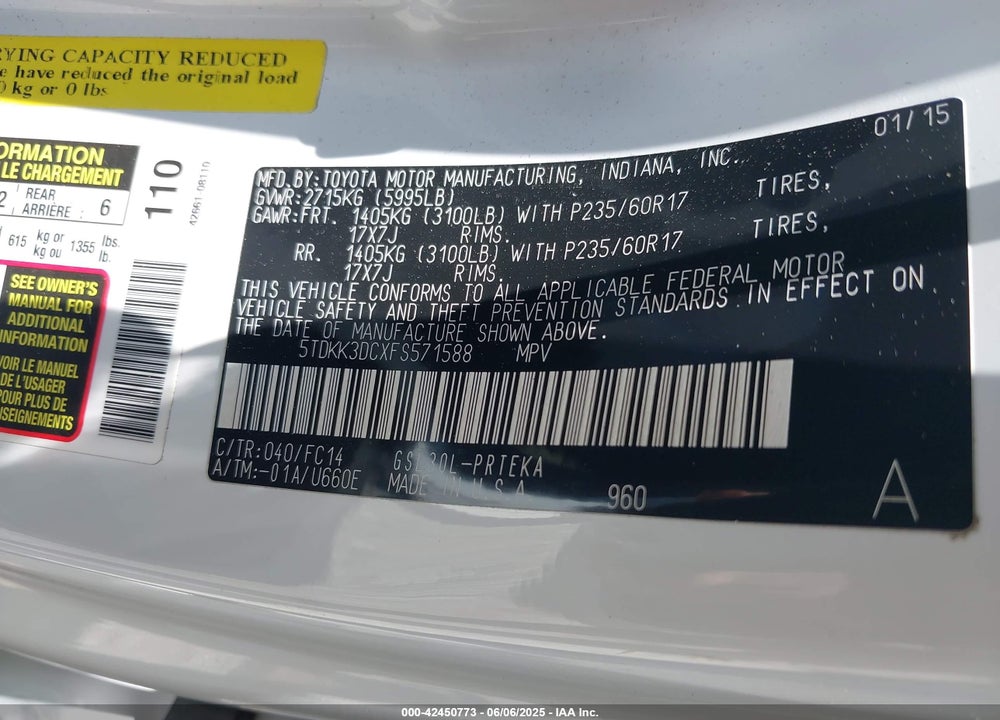 2015 TOYOTA SIENNA LE 8 PASSENGER VIN: 5TDKK3DCXFS571588