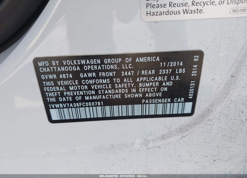 2015 VOLKSWAGEN PASSAT VIN: 1VWBV7A35FC050781