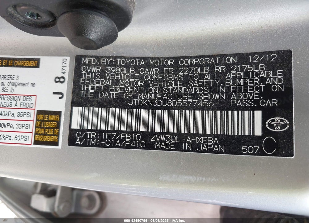 2013 TOYOTA PRIUS TWO VIN: JTDKN3DU8D5577456