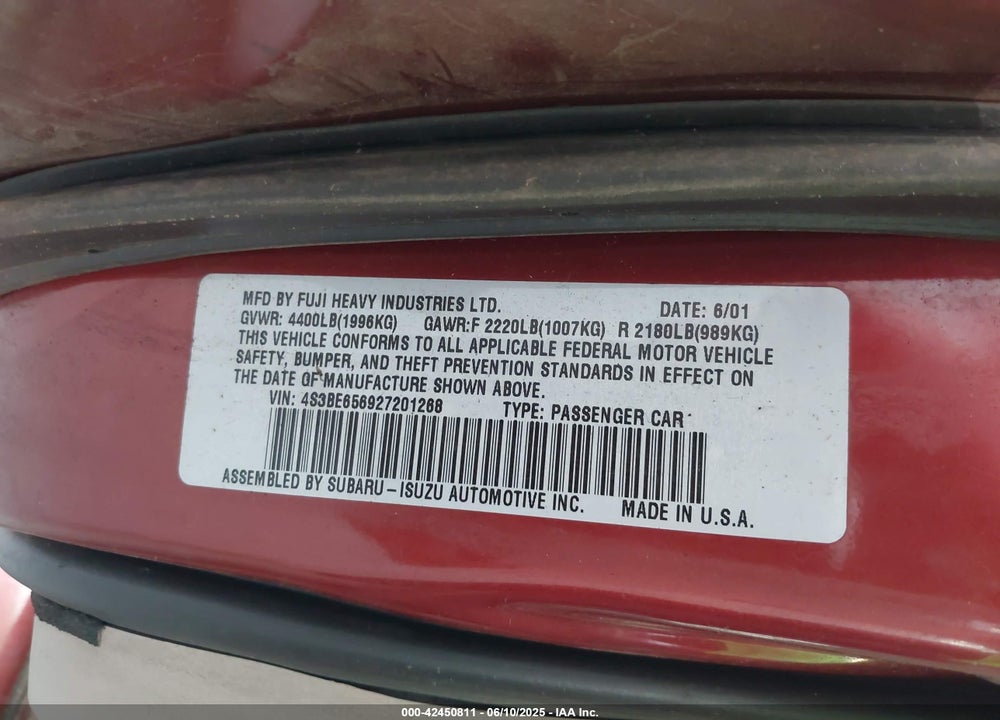 2002 SUBARU LEGACY VIN: 4S3BE656927201268