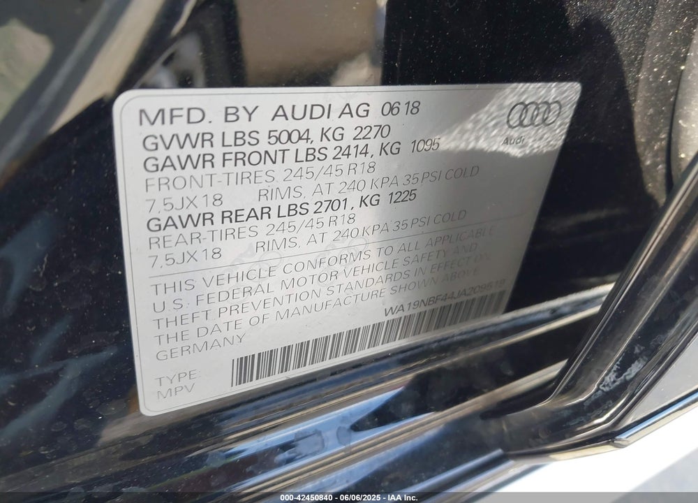 2018 AUDI A4 ALLROAD VIN: WA19NBF44JA209519