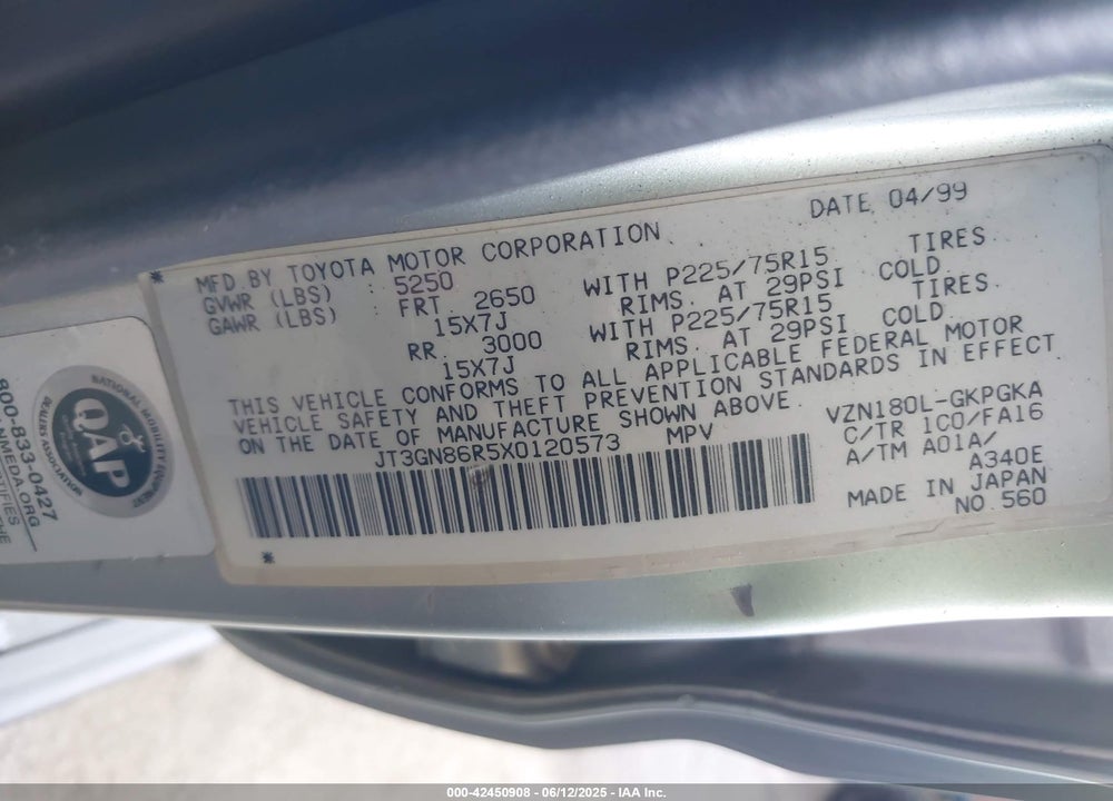 1999 TOYOTA 4RUNNER SR5 V6 VIN: JT3GN86R5X0120573