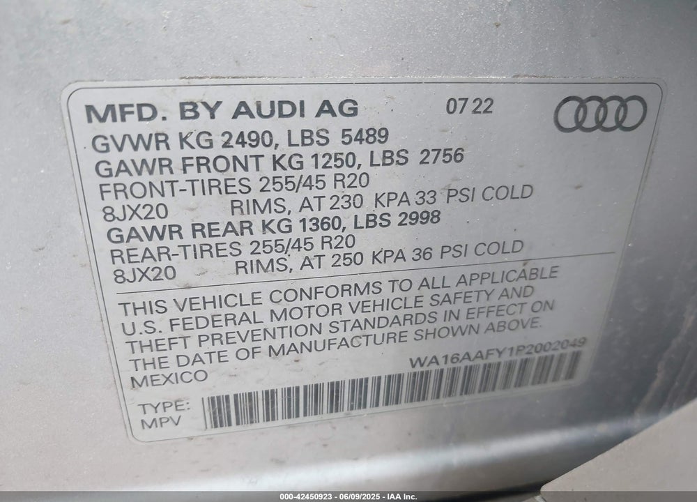 2023 AUDI Q5 SPORTBACK VIN: WA16AAFY1P2002049