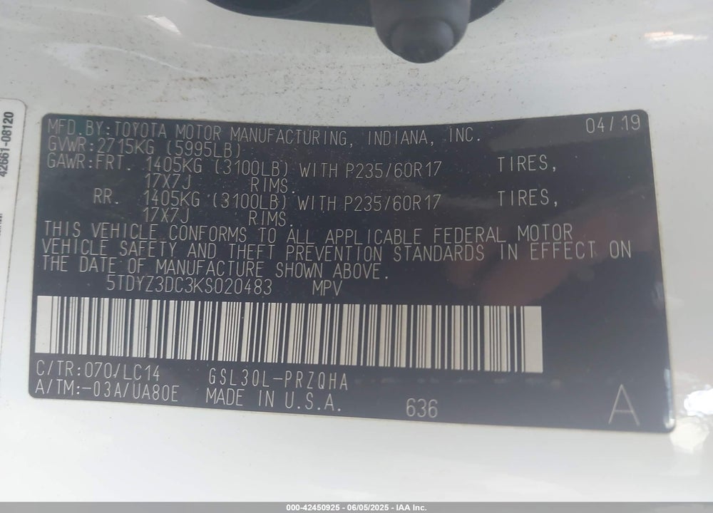 2019 TOYOTA SIENNA XLE 8 PASSENGER VIN: 5TDYZ3DC3KS020483